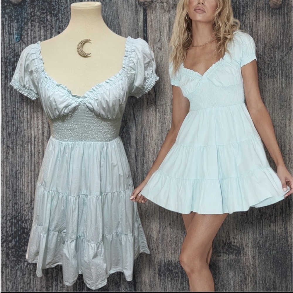 Princess Polly Daniela Shirred Waistband Fit & flare Blue Mini Dress Size 4